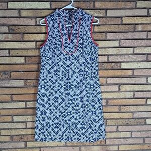 Eliza J Size 8 Blue And White Geometric Print Sleeveless Shift Dress